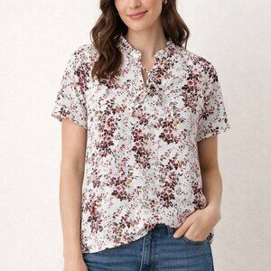 Boheme Kamryn Floral Short Sleeve Blouse Size Small Tie Mock Neck